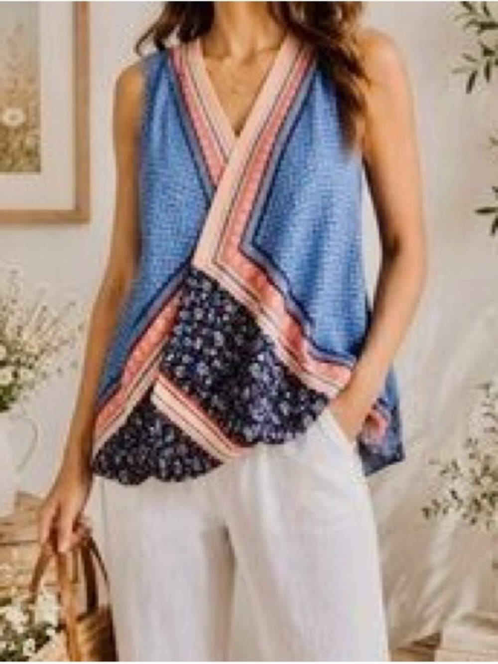 Liz Claiborne Snap Wrap Asymmetric Boho Sleeveless Top Vibrant Patchwork SzL